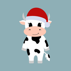 Cartoon cute cow. Vector illustration. Christmas card. 2021 new year.
