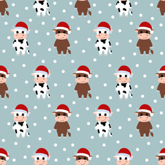 Seamless pattern with cartoon cow in Santa hat. New year 2021. Vector illustration.