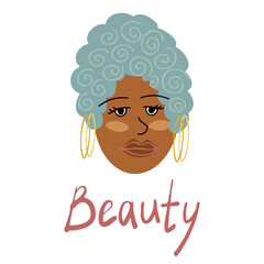 Isolated summer vector set faces of a young black girl with colorful hair with text beauty on white background. The design is perfect for stickers, packages, decorations, textiles, surfaces
