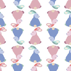 Seamless vector pattern illustration of a cute cartoon bunny in pastel colors on white background. The design is perfect for decorations, backgrounds, packaging, wrapping paper, nursing textiles