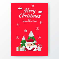 simple cute poster banner party of merry christmas and happy new year with illustration of santa claus and christmas tree