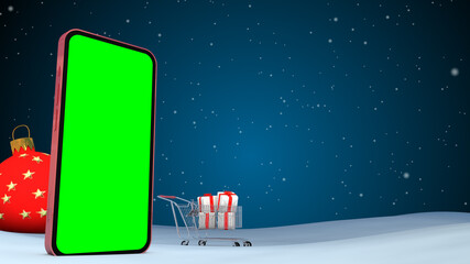 Christmas Online Mobile Shopping Background with smartphone. 3d rendered illustration.