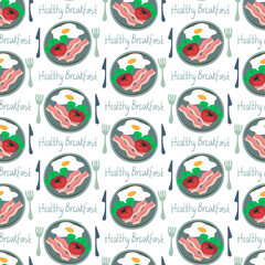 Seamless vector pattern colorful design healthy breakfast with eggs, bacon and tomatoes with healthy breakfast text. The design is perfect for banners, posters, stickers, cards, logos