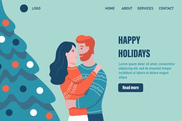 Happy xmas holidays landing page vector template. Loving couple hugs near the Christmas tree and celebrates Christmas. Celebrate traditional winter event web banner. Flat vector illustration