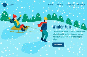 Winter fun Landing page templates. Children dressed in winter clothes or outerwear performing outdoor activities fun. Snow festival or sledding. Flat vector illustration