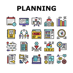 Planning Work Process Collection Icons Set Vector. Planning Business Project And Optimization, Plan And Infographic, Notebook And Agreement Concept Linear Pictograms. Color Contour Illustrations