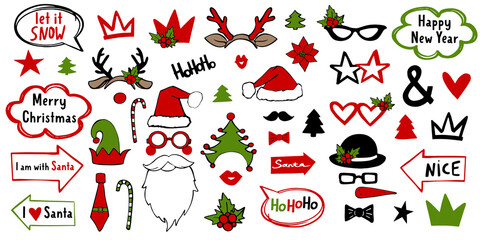 Christmas holiday photo booth props. Vector xmas masquerade party costume accessories collection. Noel decoration with fun sign in arrow and bubble. Happy new year cartoon illustration card elements.