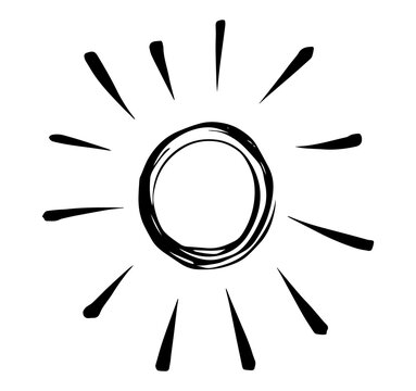 Doodle sun burst in vintage style on white background. Black vector hand drawn sketch illustration. Sun, sparkle, sunburst set. Line sparkle explosion. Marker handdrawn line. Retro spark shine