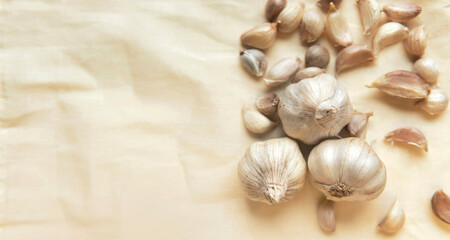 Top view Garlic bulb and garlic cloves on crumpled warm beige background with copy space