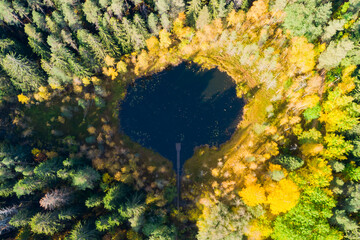 Aerial view of small forest lake Haransilma in Lahti, Finland. The diameter of lake is about 50...