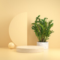 Minimal Modern Mockup Wood Pedestal With Geometric And Tropical Plant Abstract Yellow Cream Background 3d Render