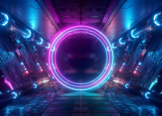 Neon style circle mockup in spaceship. Blue and pink modern hologram illuminated by lights in futuristic interior 3D rendering