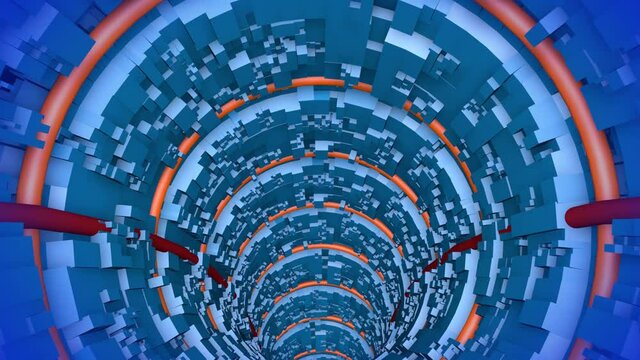 Motion Moving Inside Blue Curved Pipe-shaped Tunnel With Random Box Surface Topology 3D Rendering Seamless Loop