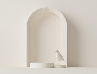 Minimal scene with podium, bird and abstract background. Pastel cream and beige colors scene. Trendy 3d render for social media banners, promotion, cosmetic product show, fashion