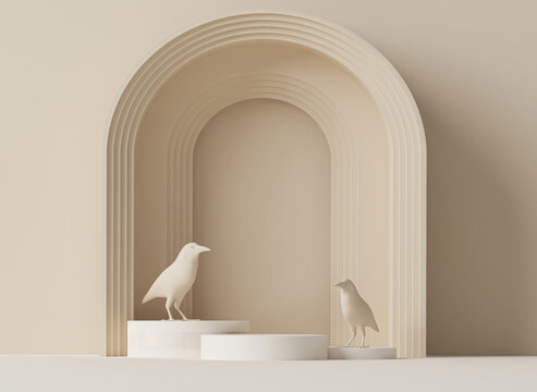 Minimal Scene With Podium, Bird And Abstract Background. Pastel Cream And Beige Colors Scene. Trendy 3d Render For Social Media Banners, Promotion, Cosmetic Product Show, Fashion