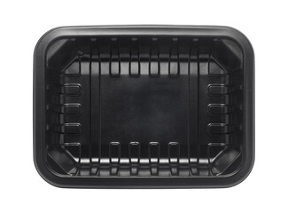 Black plastic food tray isolated on white background. top view.