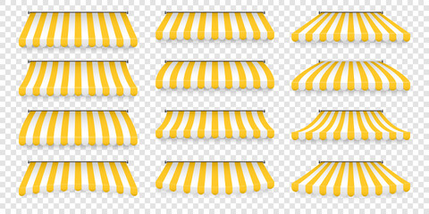 Realistic striped shop sunshade. Store awning. Roof canopy. Shop tent set. Vector illustration - obrazy, fototapety, plakaty