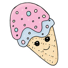 ice cream pink and blue in a waffle cone with eyes and with sprinkles, kawaii sweets, vector, cute children drawing