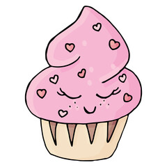 pink cupcake with sprinkles in the shape of hearts with closed eyes, kawaii sweets, vector, cute drawing for kids