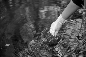 A scientist collects river water in a glass beaker.
