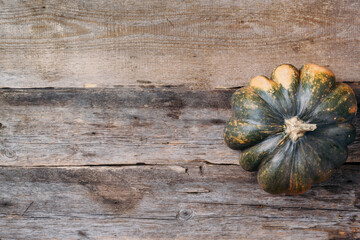 Organic pumpkin on wooden background. Top view. Flat lay. Copy space for advertising. Fall harvest fair. Thanksgiving day. Gold cozy autumn.