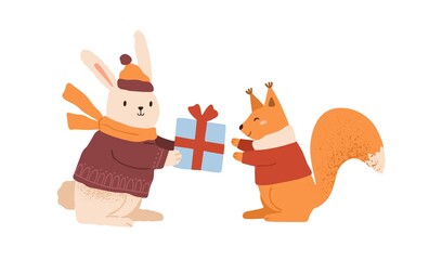 Funny rabbit in warm clothes giving gift box to cute squirrel vector flat cartoon illustration. Happy childish animals celebrating Christmas or Birthday isolated. Amusing characters in winter apparel