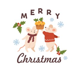 Greeting card with mouse and rat holding festive cupcake and Merry Christmas inscription vector flat illustration. Xmas holiday card with animal characters decorated by snowflakes and mistletoe