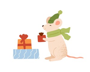 Funny mouse holding Christmas gift box vector flat illustration. Cute rat in warm scarf and hat carrying festive wrapped present with bow isolated. Amusing animal enjoying seasonal winter holiday