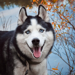 Close-up portrait of a dog on autumn background. Siberian Husky black and white colour with blue eyes outdoors in autumn park, tongue out. A pedigreed purebred dog