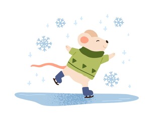 Funny mouse ice skating vector flat illustration. Cute baby animal in warm sweater enjoying skating on ice rink isolated on white. Happy character. Winter outdoor recreational activity