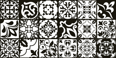 Set of 18 tiles Azulejos in black, white. Original traditional Portuguese and Spain decor. Seamless patchwork tile with Victorian motives. Ceramic tile in talavera style. Gaudi mosaic. Vector - obrazy, fototapety, plakaty