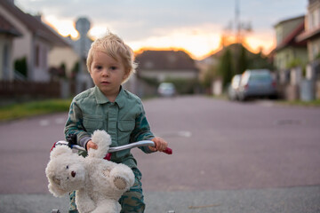 Toddler child, blond boy, riding tricycle in a village small road on sunset