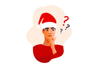 Thinking man in Christmas hat. Beautiful face, doubts, problems, thoughts, emotions. Curious man questioning, question mark. Vector illustration