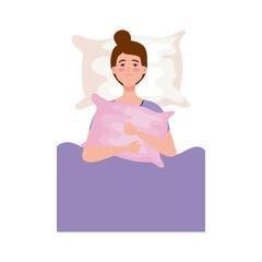 woman on bed holding pillow with insomnia design, sleep and night theme Vector illustration