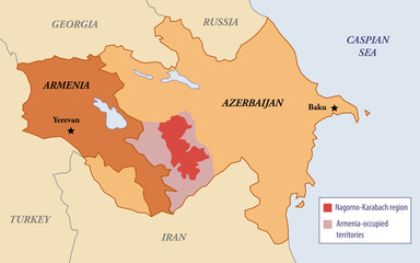 Naklejka premium Illustration map of the Nagorno-Karabakh region between Armenia and Azerbaijan
