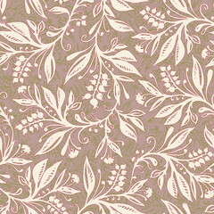 Floral seamless pattern with leaves and berries in cream, taupe, red and chartreuse green colors, hand-drawn and digitized. Design for wallpaper, textile, fabric, wrapping, background.