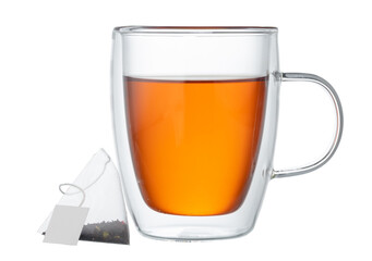 Glass cup of tea isolated on white background