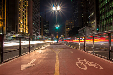 Bicycle path in Paulista Avenue at night. This is one of the most important thoroughfares of the city of Sao Paulo, one of the main financial centers of the city
