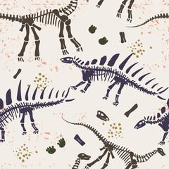 Dino skeleton silhouette bone seamless pattern vector