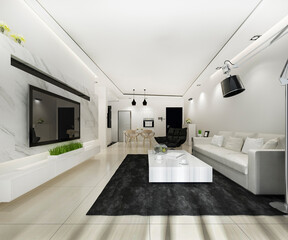 3d rendering scandinavian dining room and kitchen with living room with luxury decor