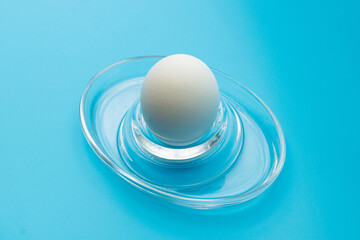 white chicken egg on a stand on a blue background.