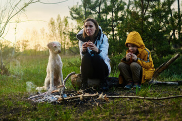 A woman with a little son and a dog eat near a bonfire on a picnic.