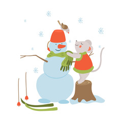 Vector hand drawn illustration of a cute little mouse on a stump, a snowman, a bird and skis . It's snowing and they are happy and joyful. Isolated on white. Winter, holiday and pastime.