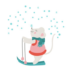 Vector illustration of a cute little mouse on skis with a snowflake on her nose . It's snowing and she is happy and joyful. Isolated on white background. Great for Christmas greeting cards.