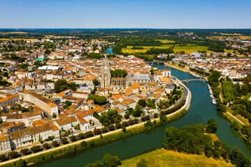 Obraz premium Aerial view of the city of Saintes and Saint Peters Basilica. France