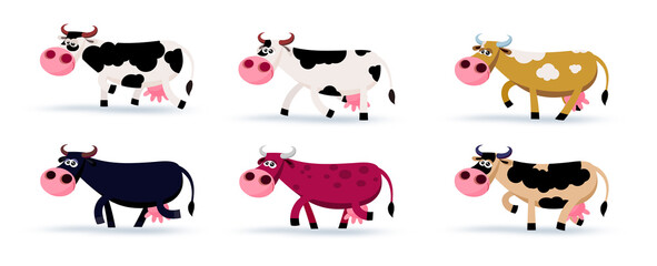 Six different colours cows cartoon illustration. Cow x 6 – 2 spotty, red, black, yellow, brown.