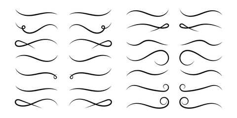 Set decorative lines and scroll swirl elements. Vector flat illustrations. Doodles dividers.