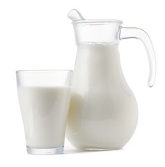 Glass jar and cup of fresh milk isolated