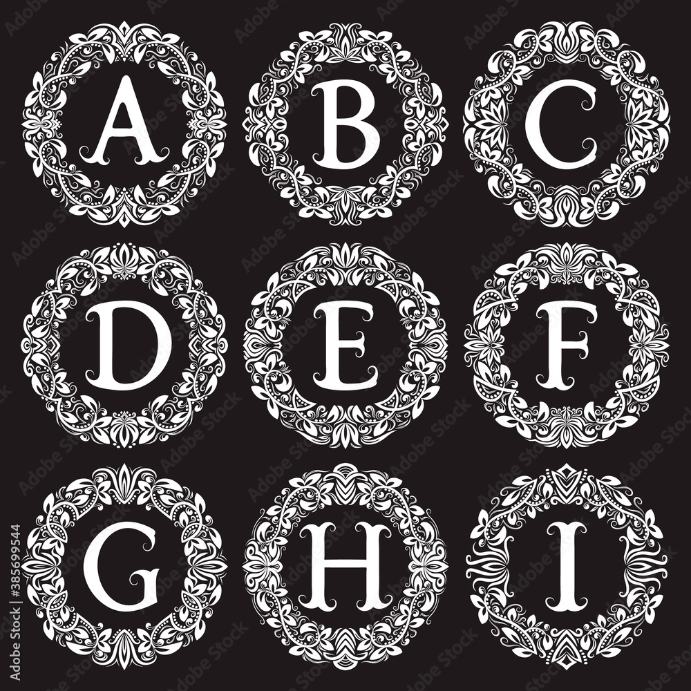 Poster vintage monograms set of letters from a to i in round patterned frames. isolated elements for logo d