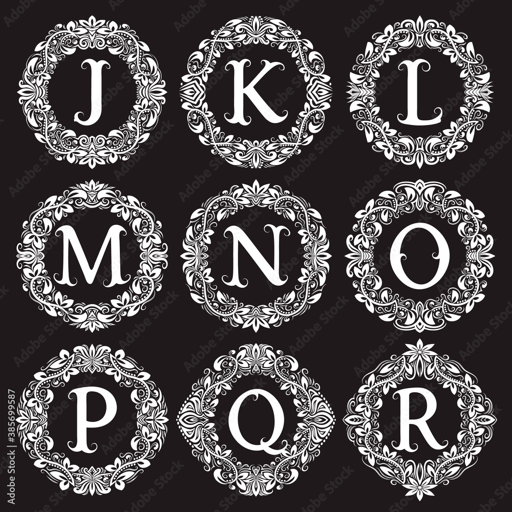 Poster vintage monograms set of letters from j to r in round patterned frames. isolated elements for logo d
